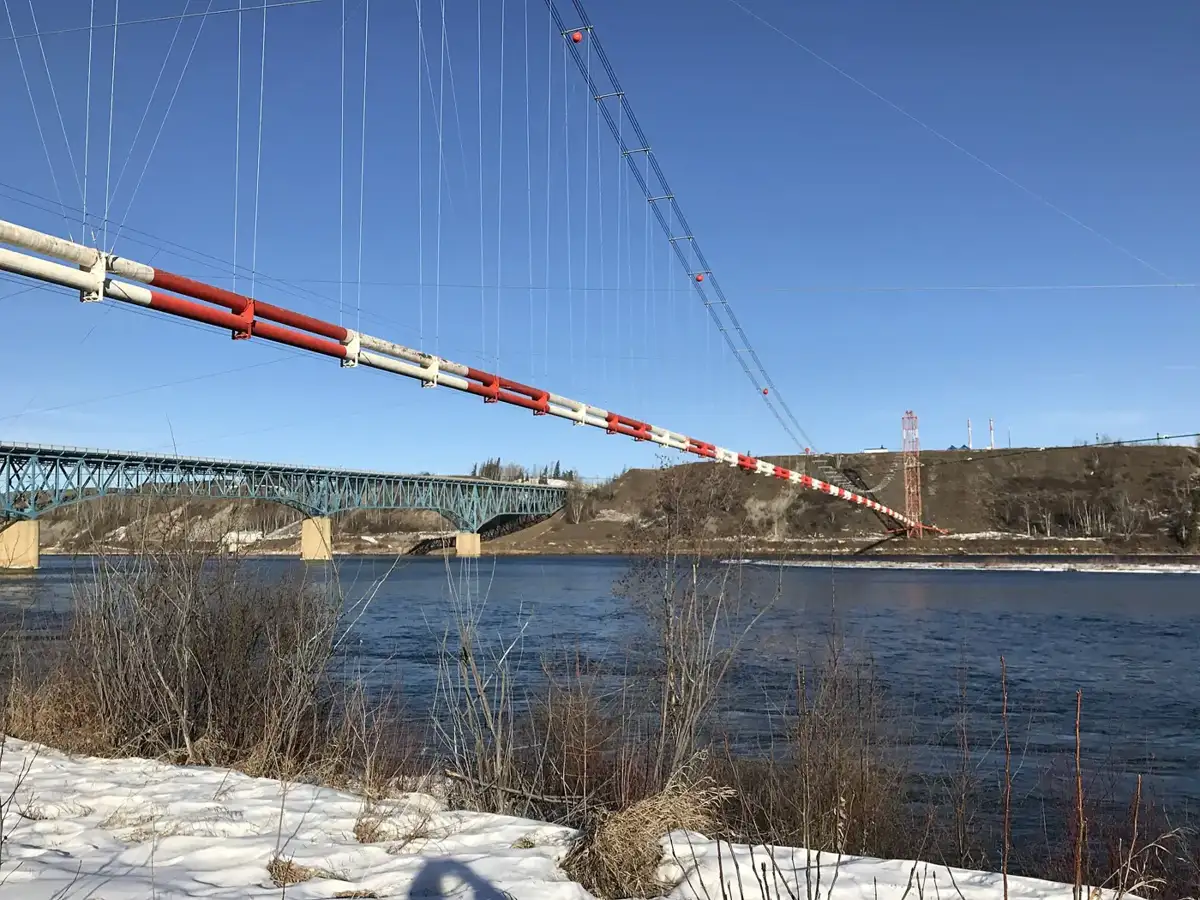 Pipeline suspension bridge over the Peace River near Taylor, BC